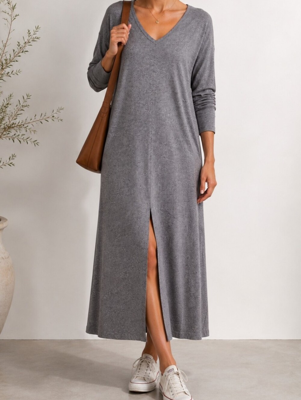 Nwt Oversized Small Charlie Paige Gray V-Neck Long Sleeve Maxi Dress Front Slit